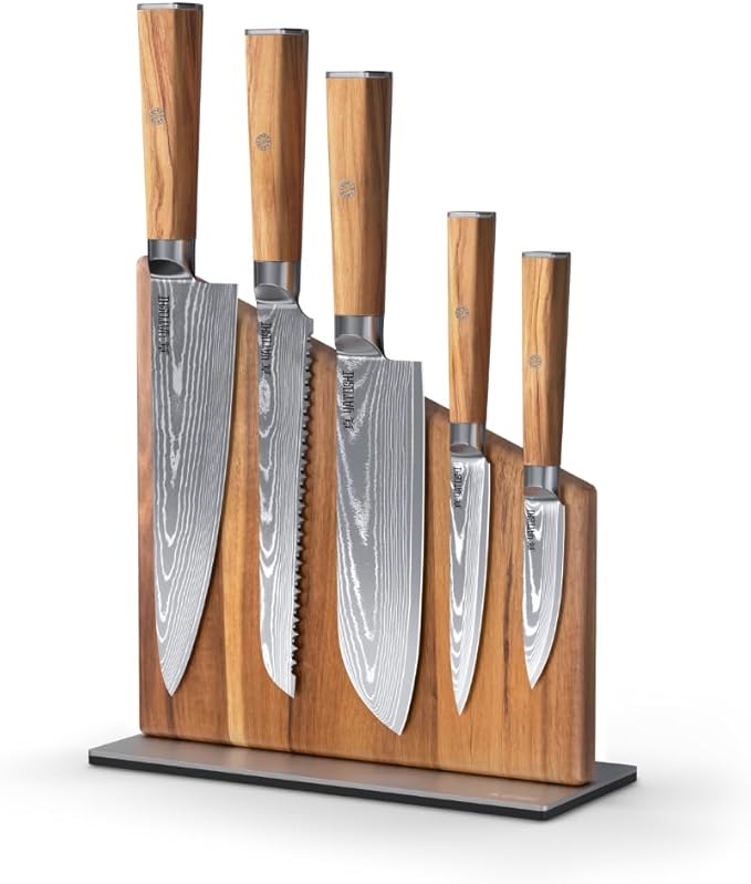 Yatoshi Knives Magnetic Kitchen Knife Block Set - Japanese 67 Layer High-Grade VG-10 Steel Knives, Sharp, Professional Kitchen Knife Set - Damascus (6 pieces), Olive Wood Handles