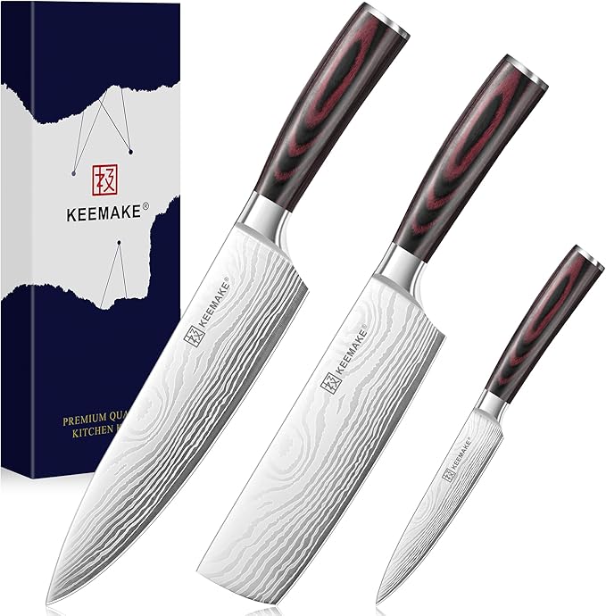 KEEMAKE Kitchen Knife Sets, 3 Pieces Professional Chef Knife Set with High Carbon Stainless Steel, Ultra Sharp Blade Kitchen Knives Sets with Ergonomic Pakkawood Handle & Gift Box
