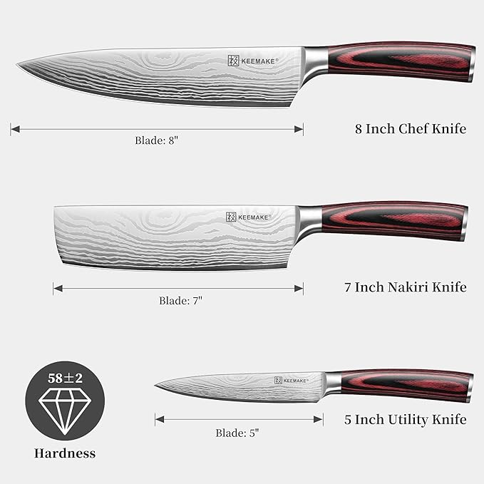 KEEMAKE Kitchen Knife Sets, 3 Pieces Professional Chef Knife Set with High Carbon Stainless Steel, Ultra Sharp Blade Kitchen Knives Sets with Ergonomic Pakkawood Handle & Gift Box