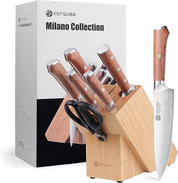 YOTSUBA Kitchen Knife Set with Block, High Carbon Stainless Steel Sharp Knife, with Gift Box (8 PCS Knife Set with block)