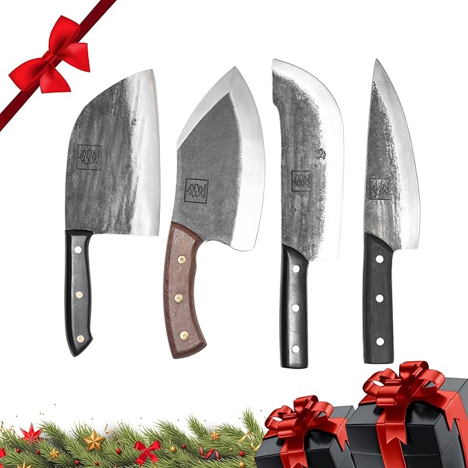 COOLINA The Ultimate Meat Lover 4-Knife Set - Premium Hand-Forged High-Carbon Steel Kitchen Knives: Versatile Promaja, Heavy-Duty Lixy, Precision Daozi, and Multi-Functional Tungsten